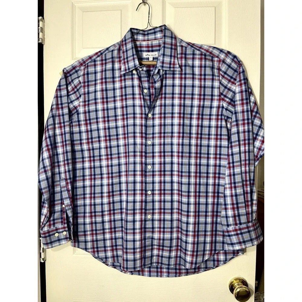 Peter Millar Classic Fit Blue Red Plaid Button Down Shirt Long Sleeve XL Cotton